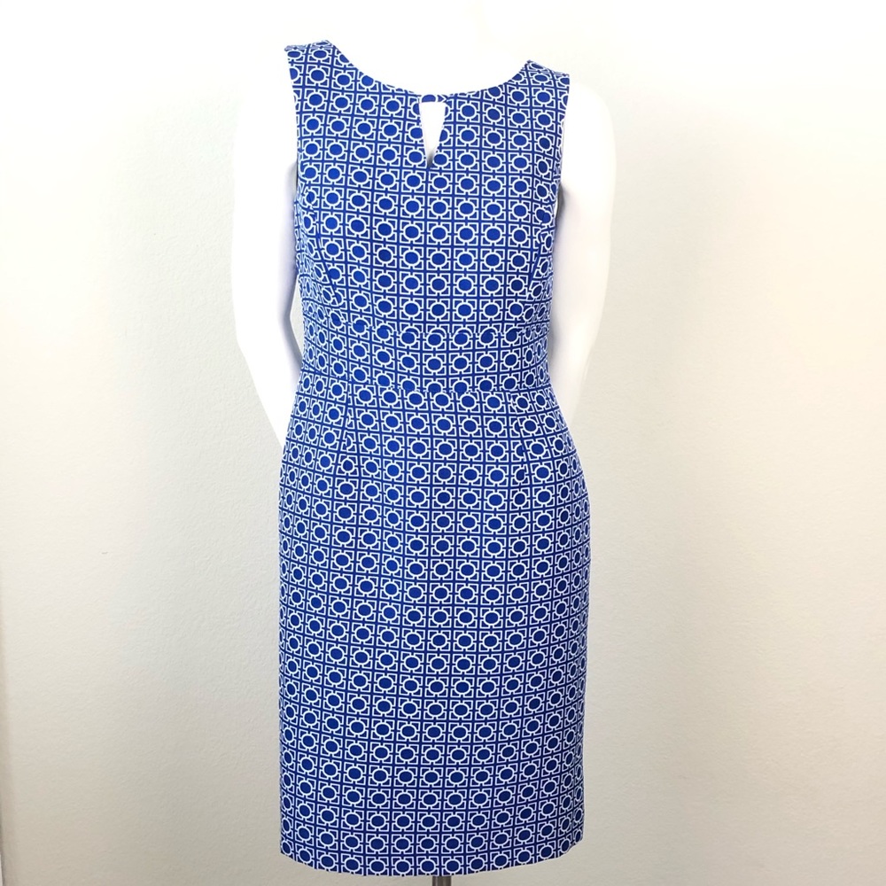 Tahari Blue White Jacquard Sleeveless Sheath Dress